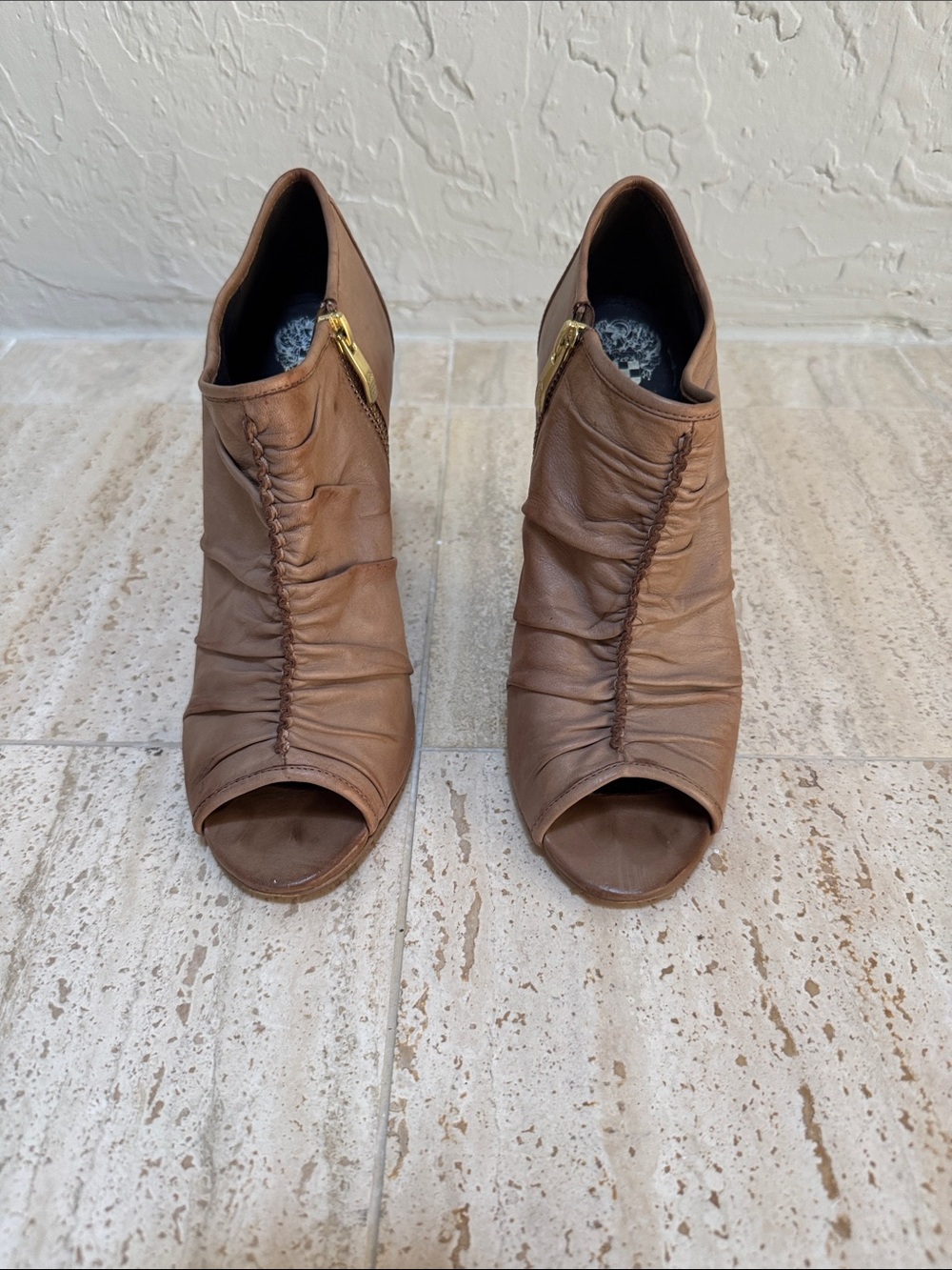 Vince Camuto Brown Leather Peep-Toe Ankle Booties